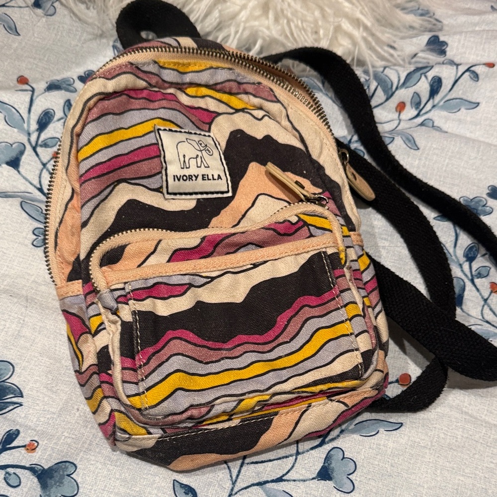 Ivory Ella Wave Pattern Backpack with Pink and Yellow Accents